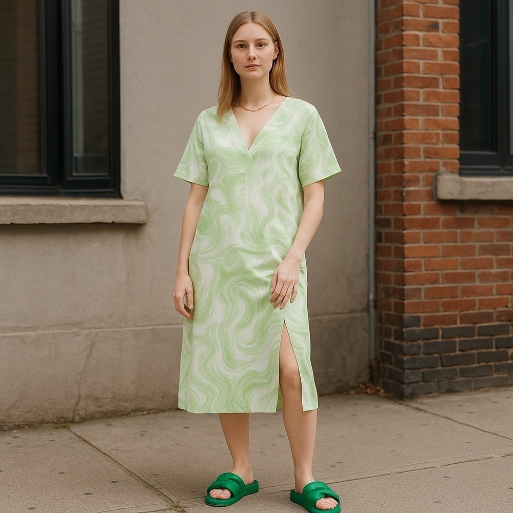 ❄️ H&M | V-neck Casual Beach Dress Green Marbled Pattern Large